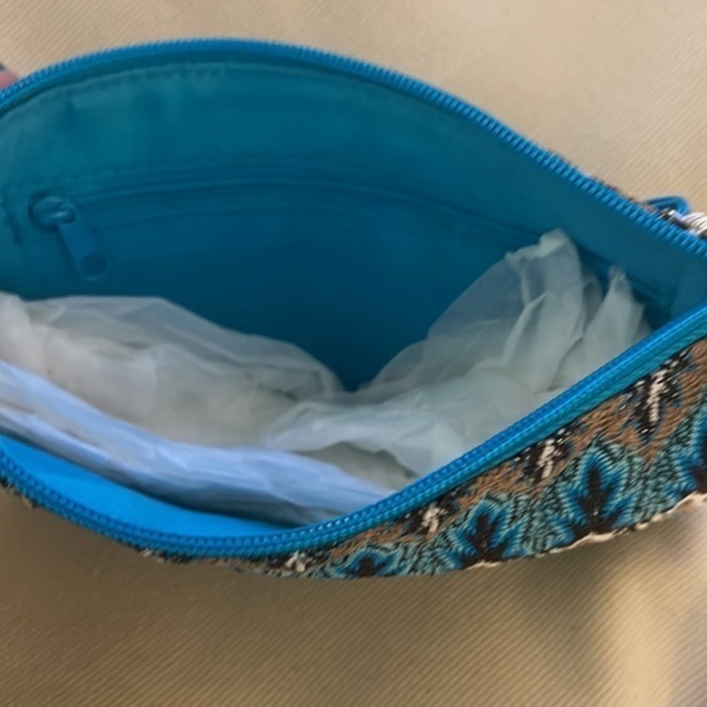 NWT 9” Small Shiny Beaded‎ Look Day to Night Clutch Bag in blue brown white tan - Picture 2 of 3